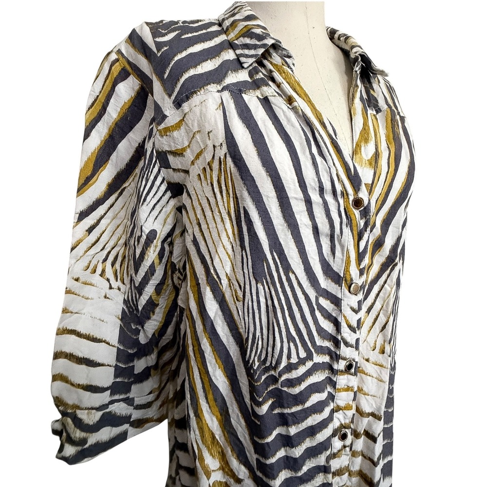JM Collection Zebra Print Linen Blend Button Down Tunic Top Gray Yellow Large
